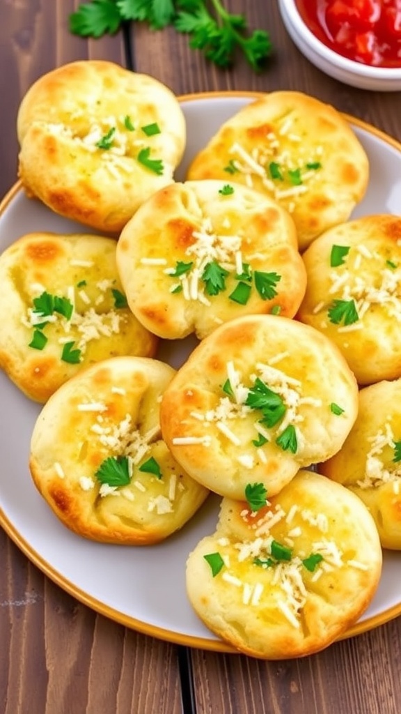 Garlic Bread from Canned Biscuits Recipe Golden garlic bread made from canned biscuits, garnished with parsley and Parmesan, on a wooden table with marinara sauce.